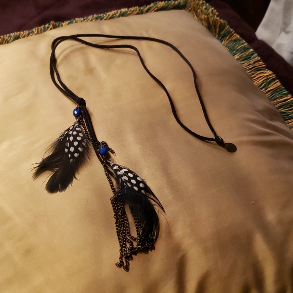 2/16 Long leather and feather necklace.